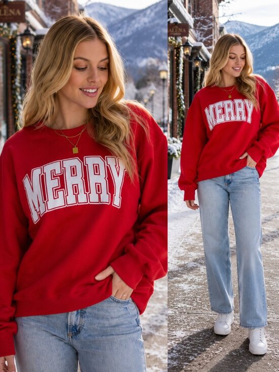 Panache Tops - Merry Red Graphic Sweatshirt | Women's Pullover | Christmas Top | Festive Style